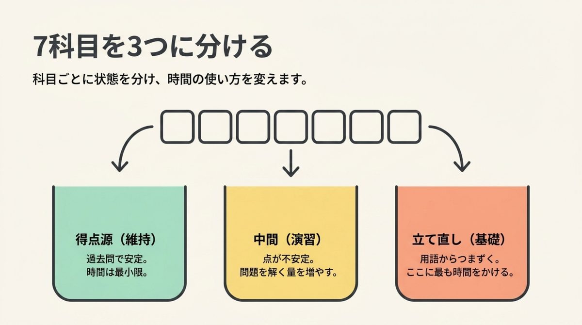 7科目を得点源・中間・立て直しの3つに分ける図解