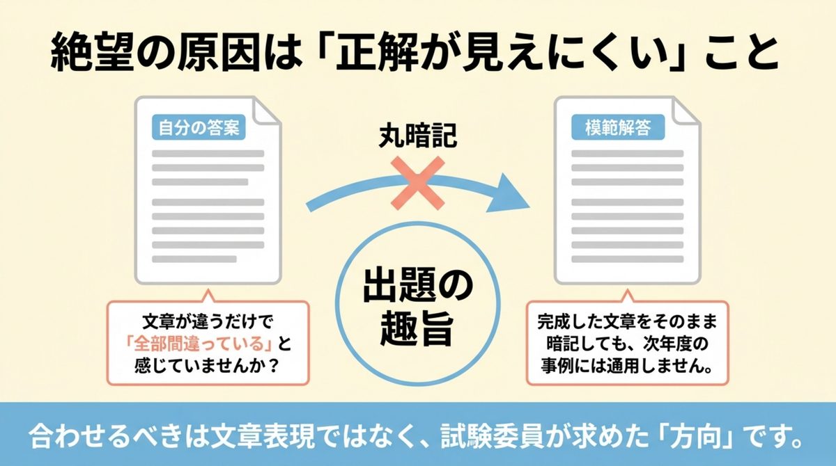 中小企業診断士2次試験で正解が見えにくく模範解答の丸暗記では対応しにくいことを示す図解