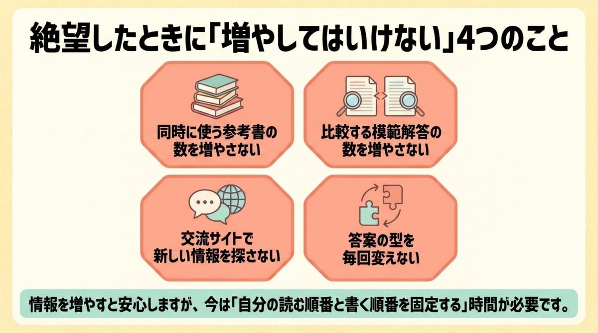 中小企業診断士2次試験で絶望したとき参考書・模範解答・新情報・答案の型を増やさないことを示す図解