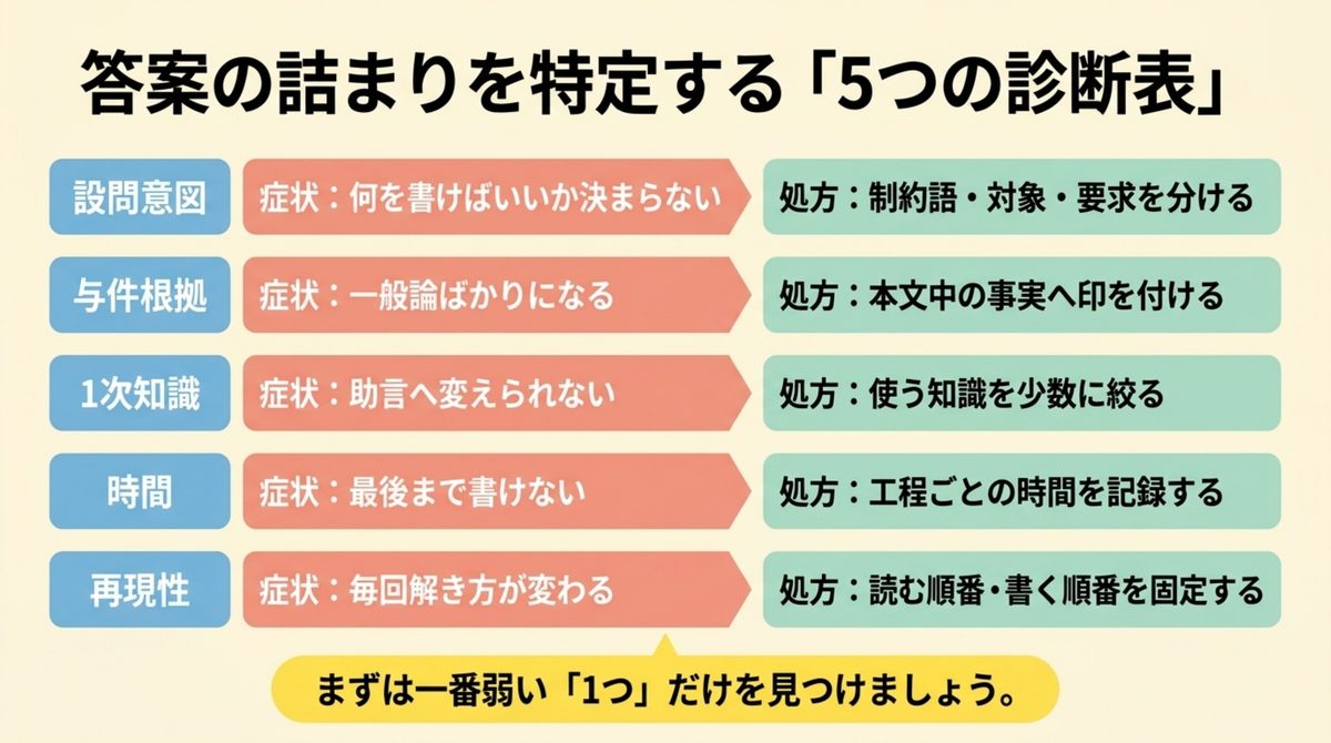 中小企業診断士2次試験の答案の詰まりを設問意図・与件根拠・一次知識・時間・再現性の5つに分ける診断表
