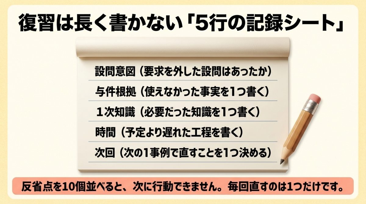 中小企業診断士2次試験の復習を設問意図・与件根拠・一次知識・時間・次回の5行で記録する図解