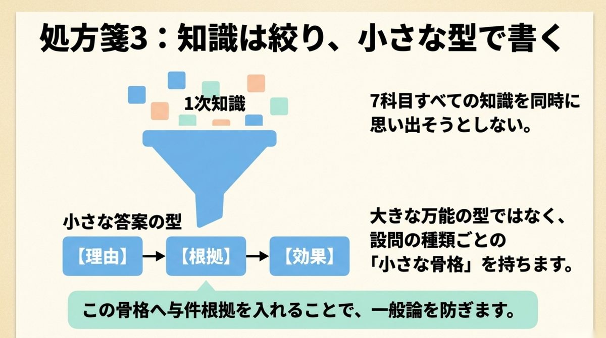 中小企業診断士2次試験で一次知識を絞り理由・根拠・効果の小さな答案の型を使う図解