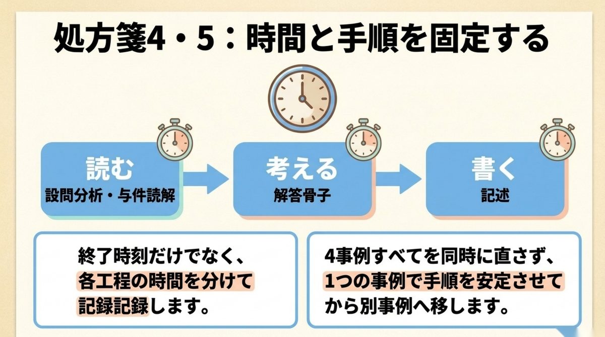中小企業診断士2次試験で読む・考える・書くの工程別に時間を測り手順を固定する図解