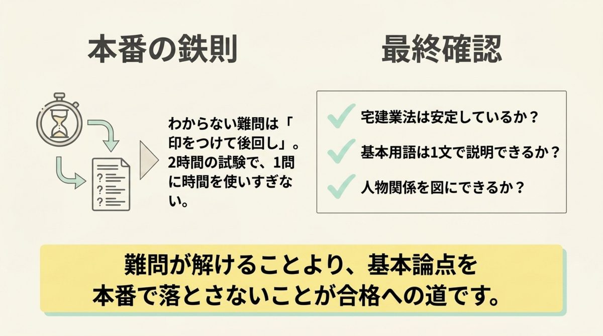 本番で難問に印を付けて後回しにする鉄則と最終確認項目の図