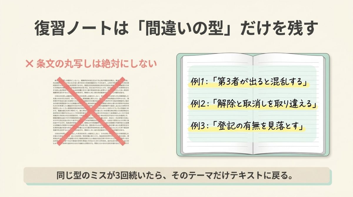 条文の丸写しをやめ間違いの型だけを残す復習ノートの図