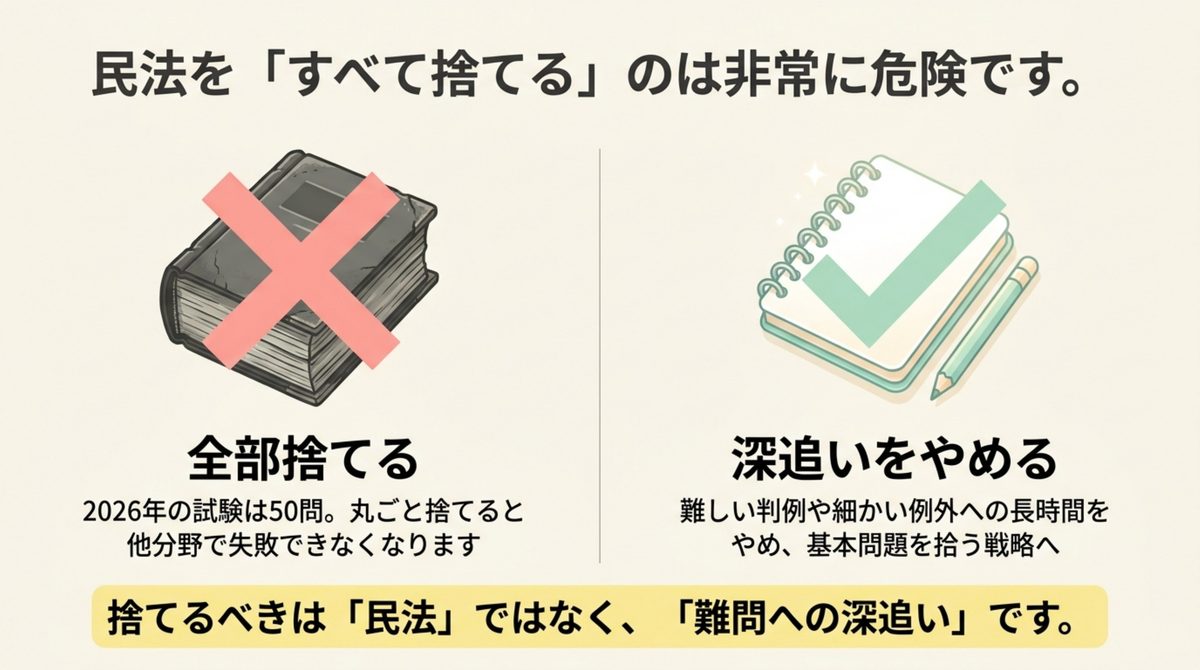 民法を全部捨てる場合と深追いをやめる場合を対比した図