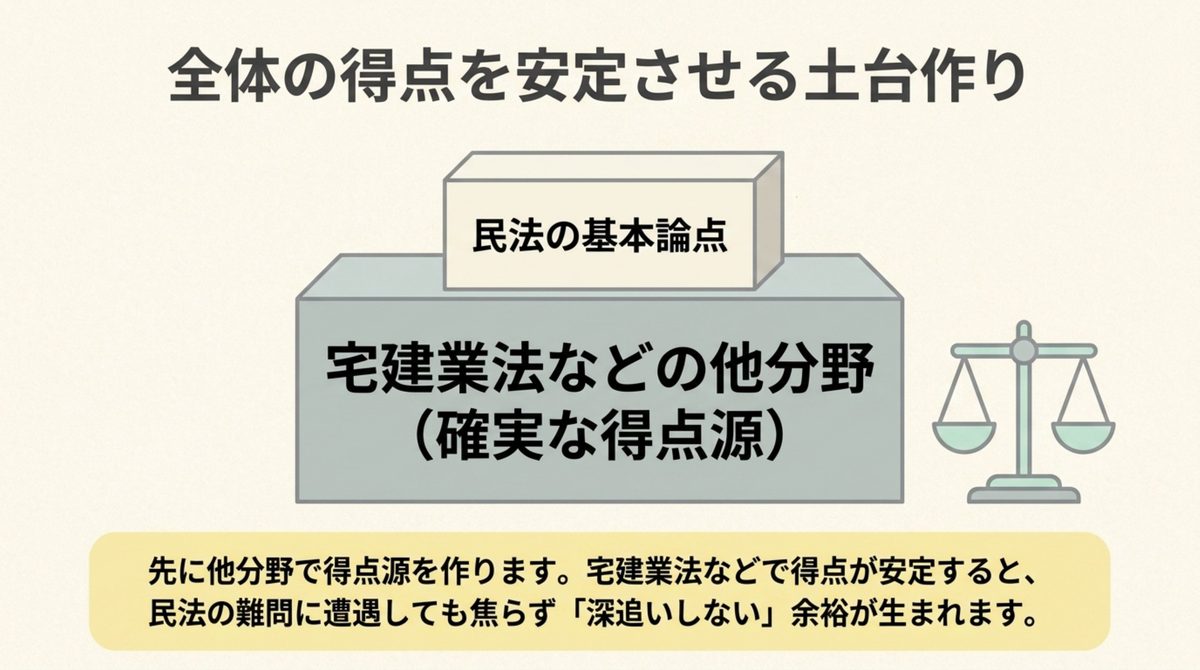 宅建業法など他分野を土台にして民法の基本論点を積む構造の図