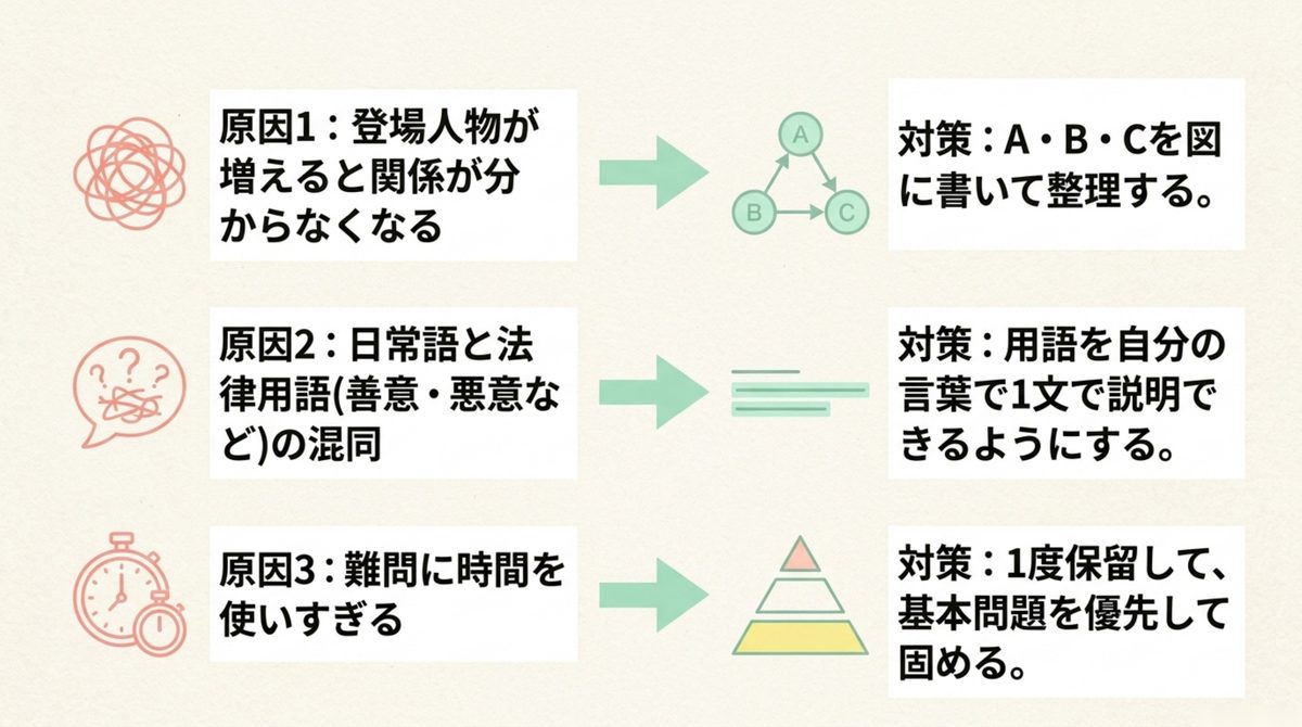登場人物の混乱と用語の混同と難問への時間超過という3原因と対策の図