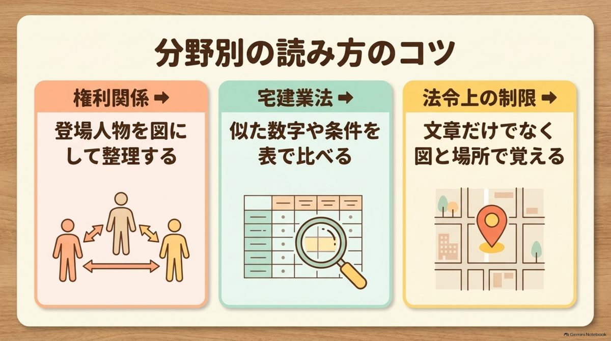 宅建の権利関係・宅建業法・法令上の制限を分野別に読むコツ