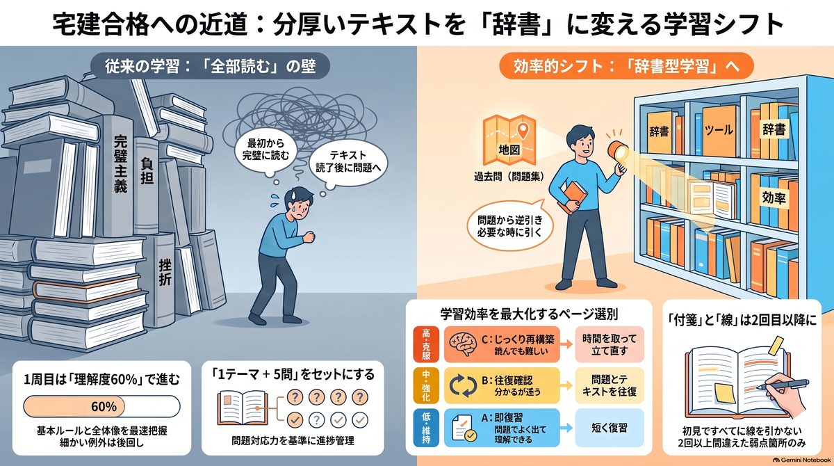 宅建テキストを全部読む学習から過去問起点の辞書型学習へ切り替える図