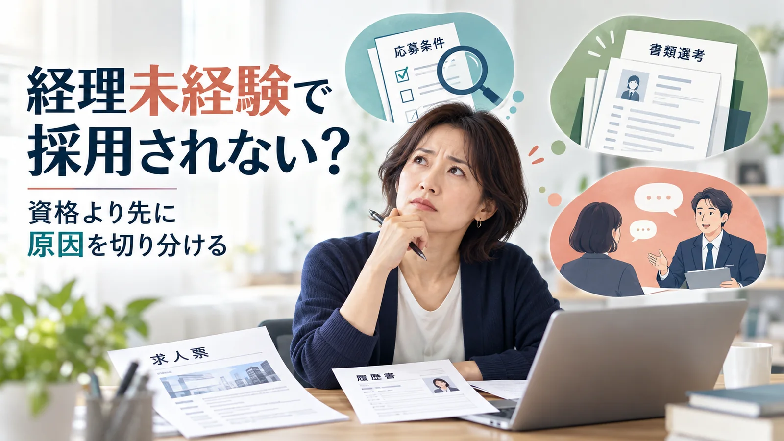 40代の女性が求人票や履歴書を前に、経理未経験で採用されない原因を考えている