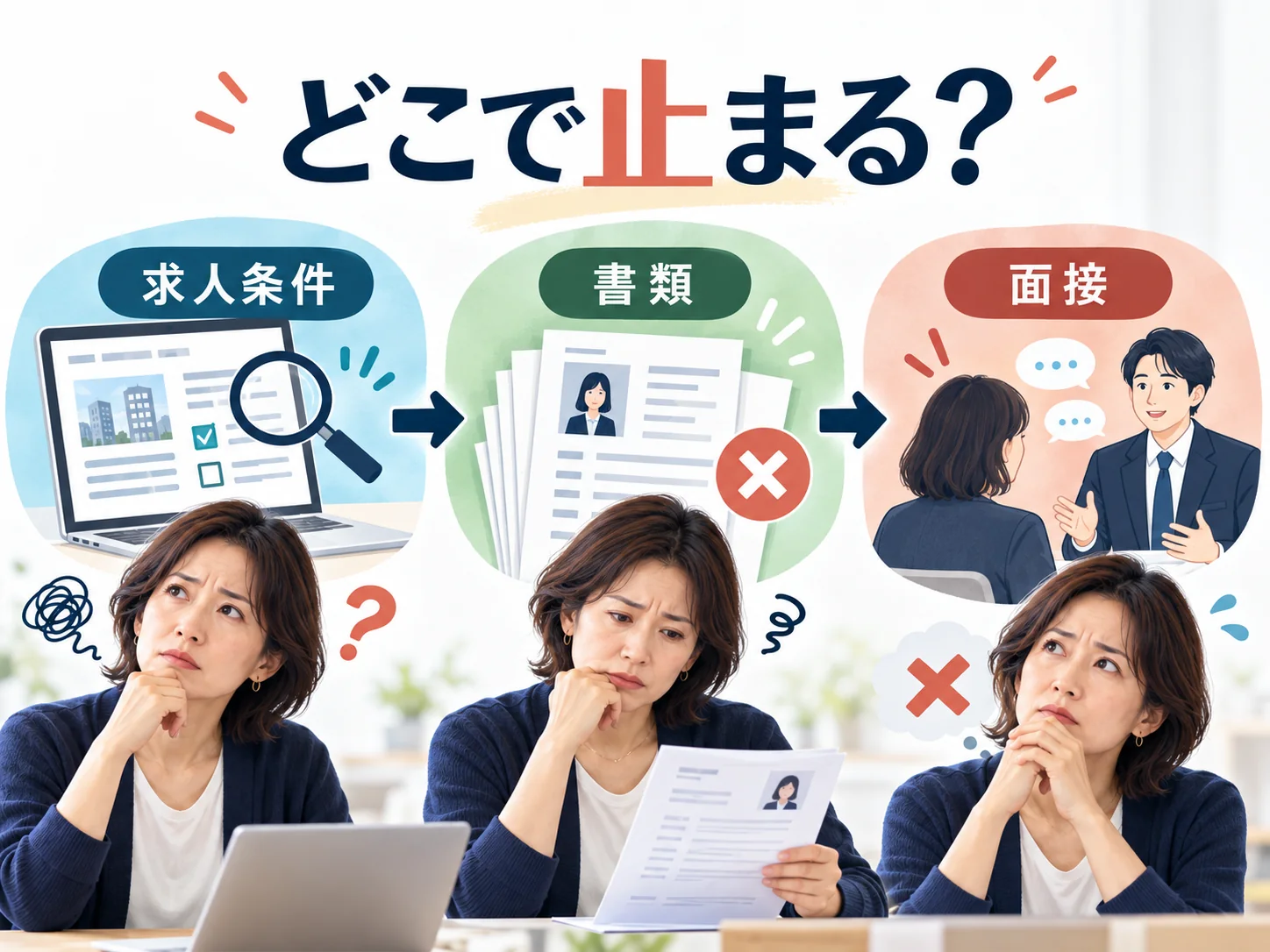 求人条件、書類選考、面接の3段階のどこで止まっているかを視覚的に示した図