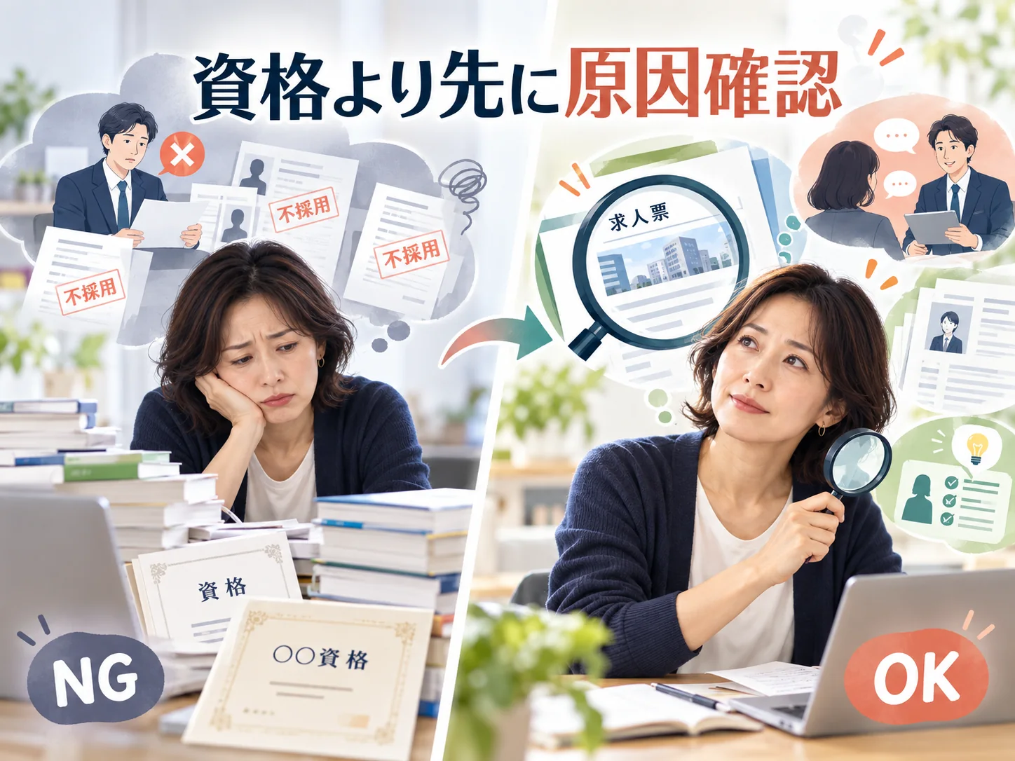 資格を増やす前に求人票や不採用の原因を確認する流れを示した図