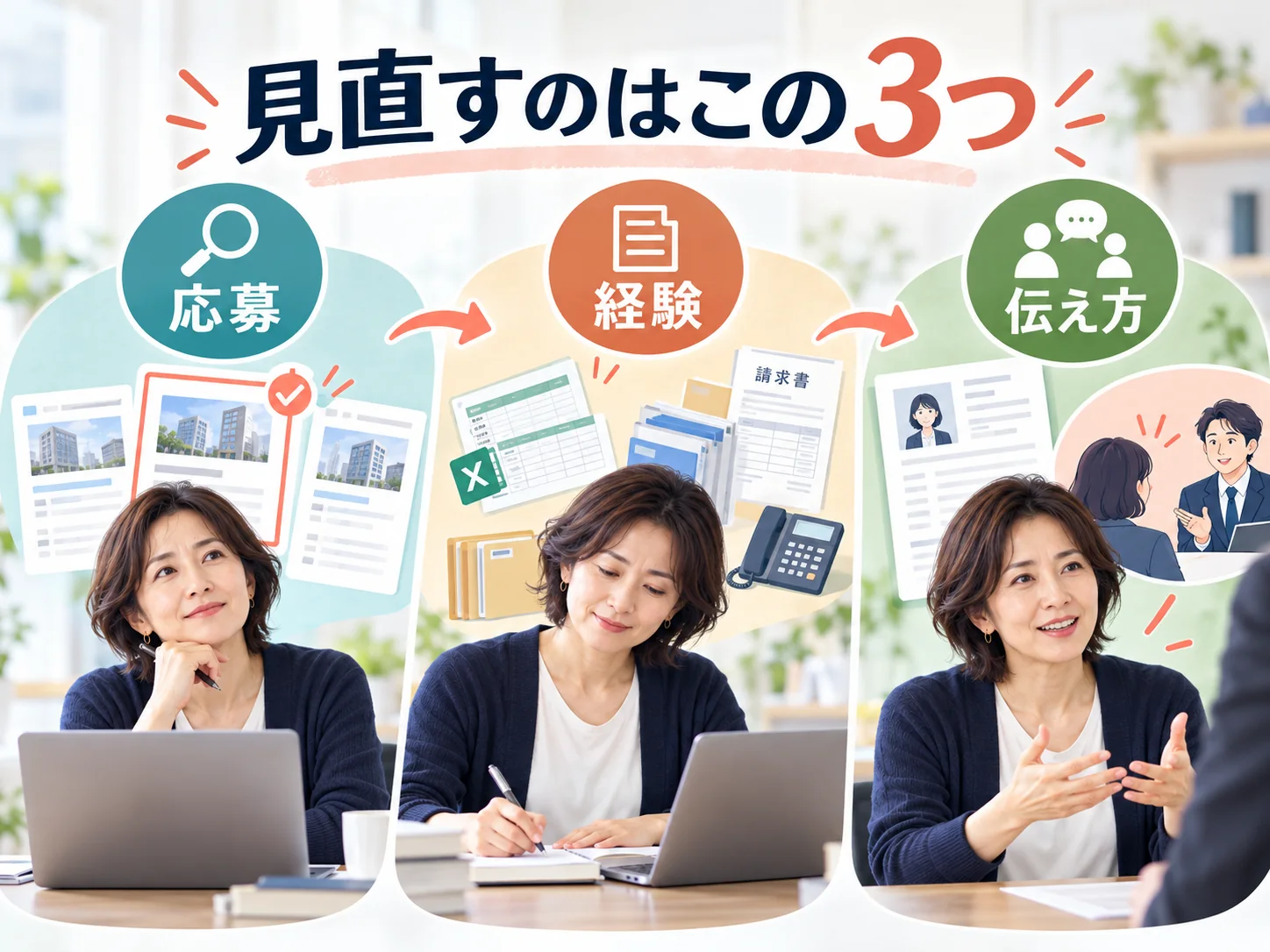 経理未経験の転職で応募先、関連経験、面接での伝え方の3点を見直す図