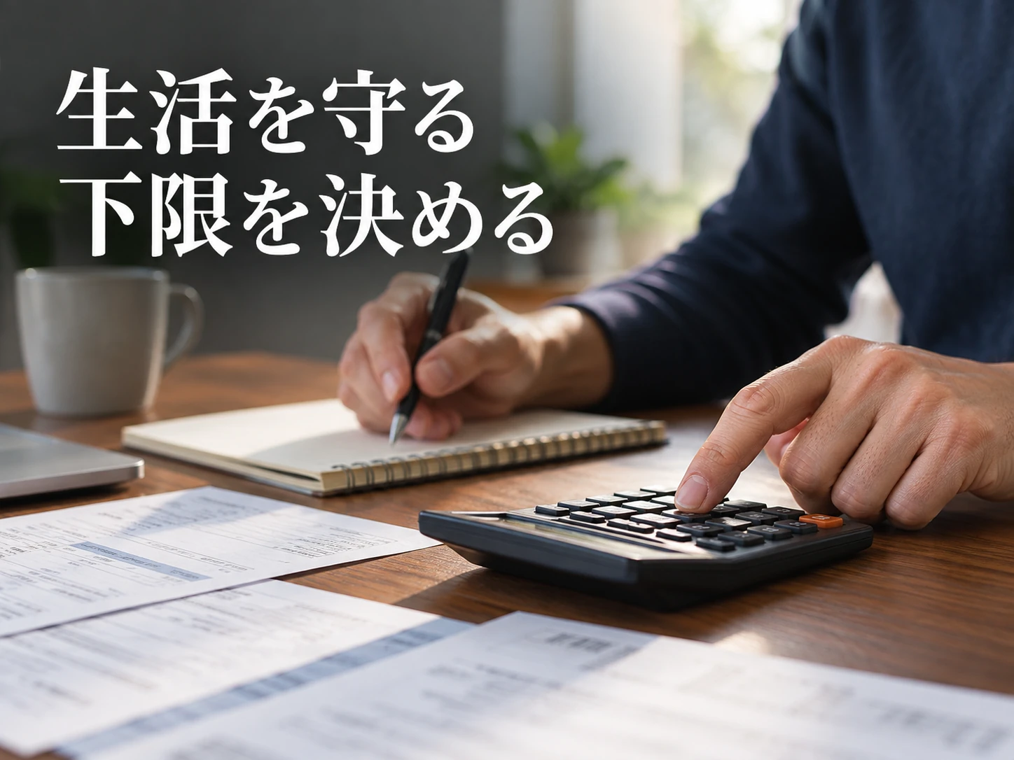 電卓と家計資料を使って転職後も生活を維持できる年収下限を計算する場面
