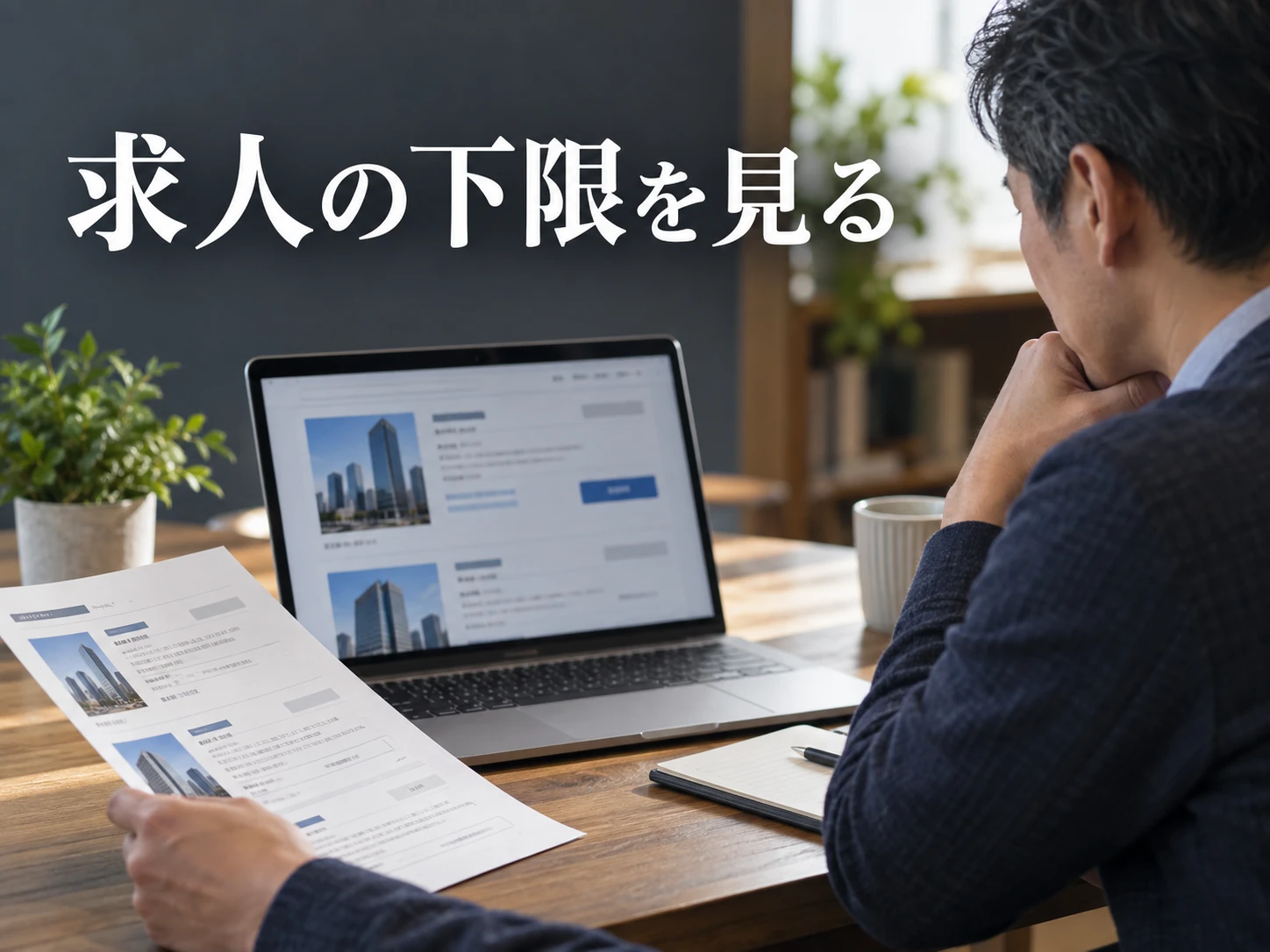 ノートパソコンで複数の求人情報を見比べながら年収条件を確認する場面